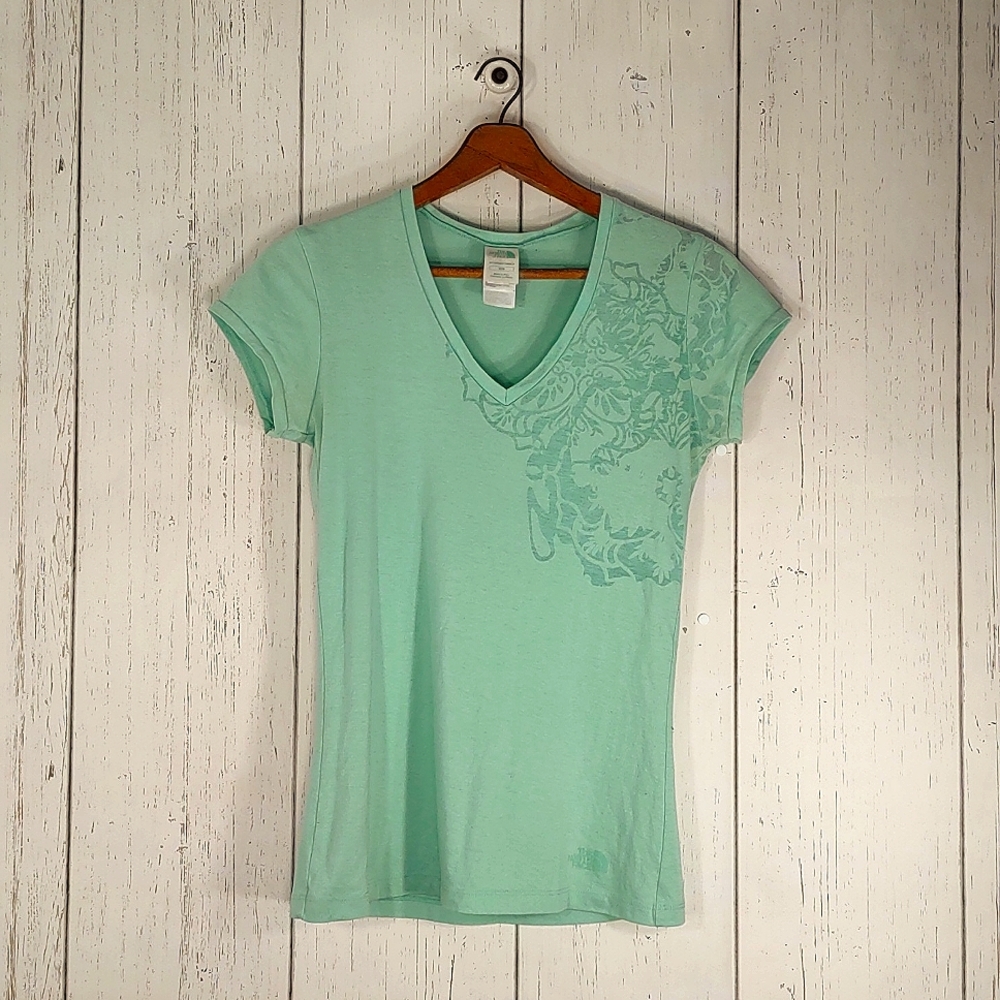 North Face Green Voided Graphic V-Neck T-Shirt